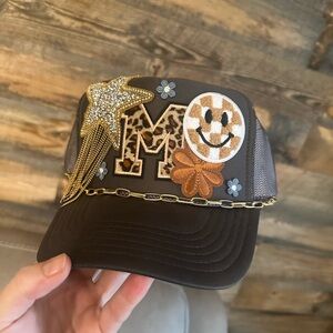 Leopard Initial Trucker Cap with Gold Star and Smiley/floral patches